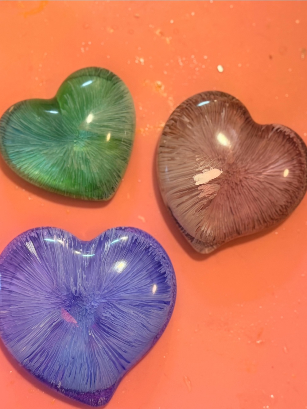 Handmade Heart Resin Accent magnet Trio - Purple, Brown, Green
